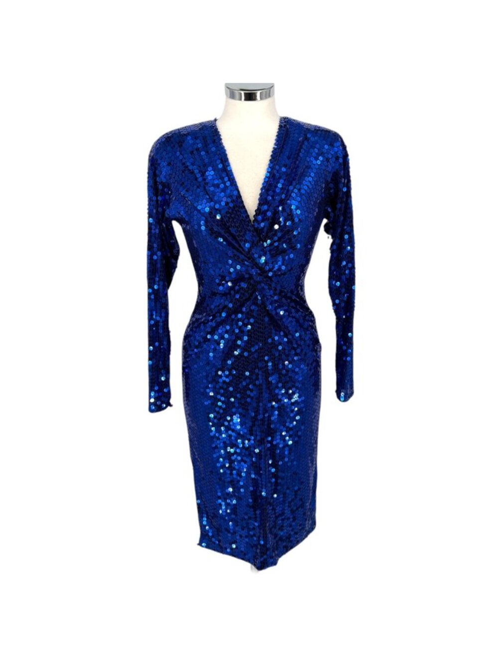 Oleg Cassini Vintage 80s Glam Disco Blue Sequin V-Neck Long Sleeve Dress Size 4